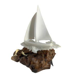 Vintage John Perry Sailboat Dolphin Burl Wood Art Sculpture Marine Sea Life Flaw